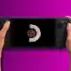 A pair of hands holding a steam deck oled gaming handheld with a colorful spiral galaxy on its screen, against a vibrant purple background.