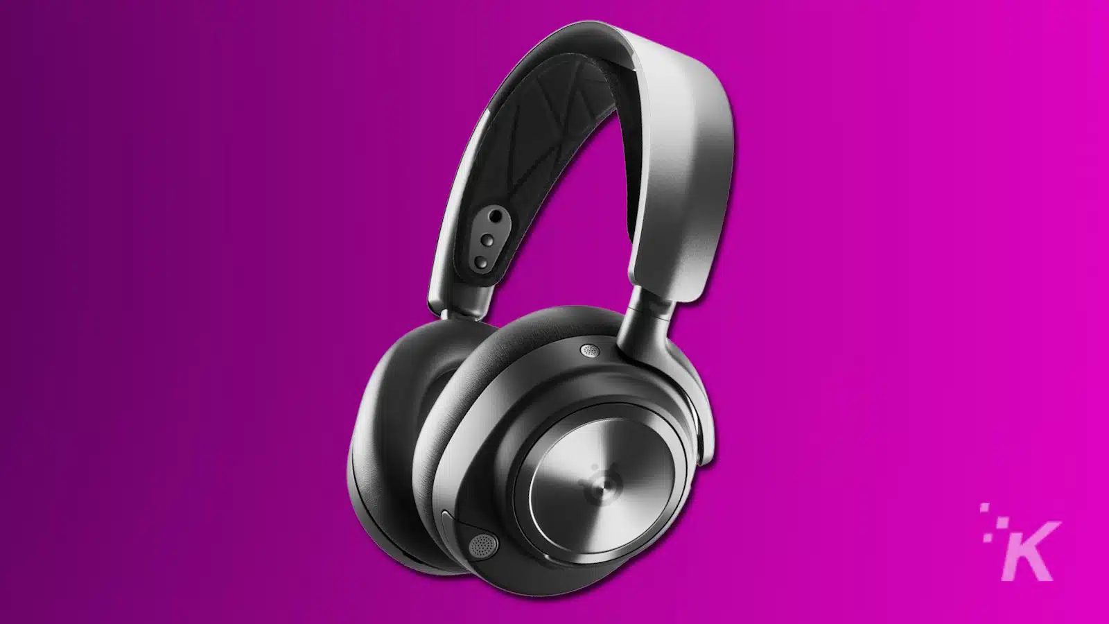 Modern black wireless headphones on purple background.