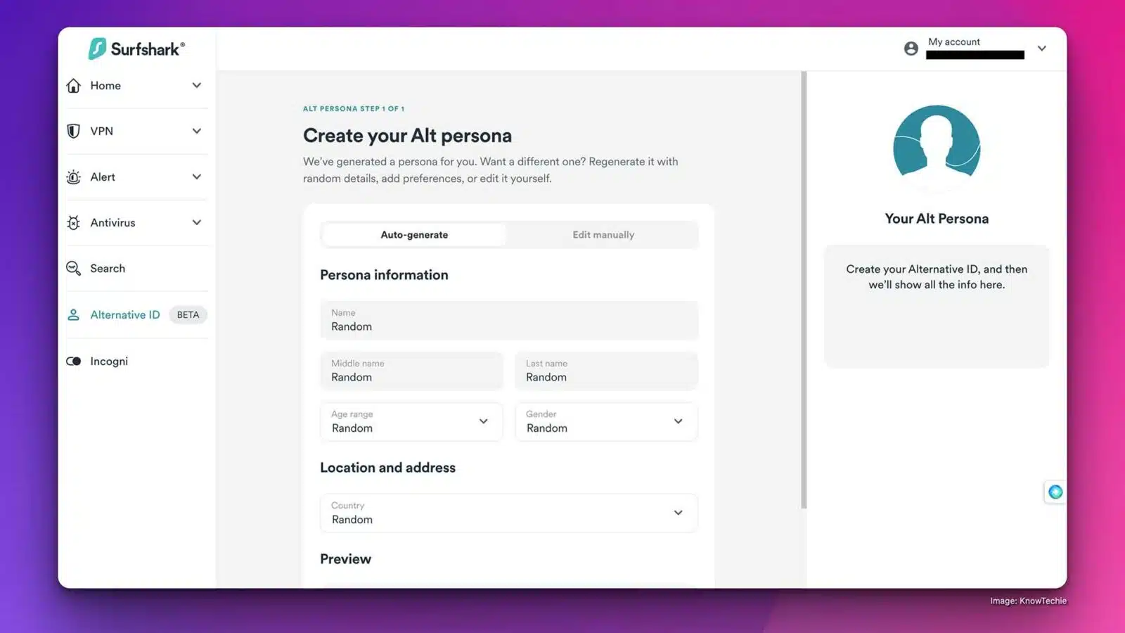 Surfshark One VPN create alt persona