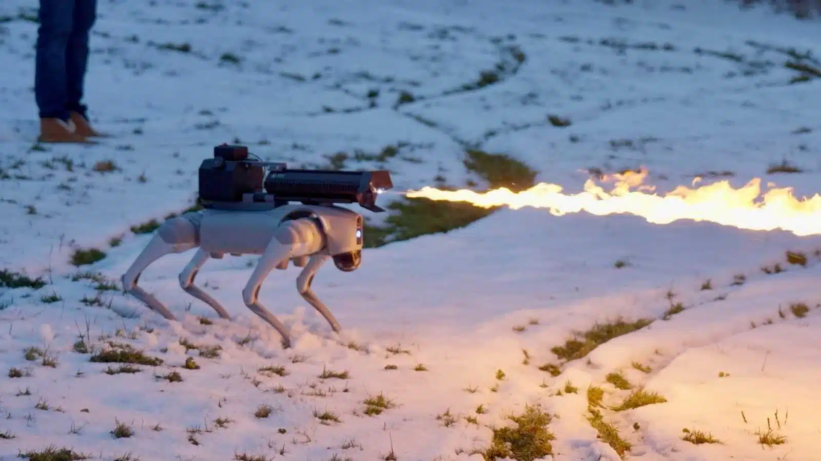 thermonator flamethrower-equipped robot dog in action on a snowy field