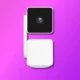 A white smart home camera with block design on a vibrant purple background, with a shadow indicating elevation, minimalistic and modern appearance.