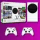 An Xbox Series S gaming console with its packaging box and two wireless controllers on a purple background.