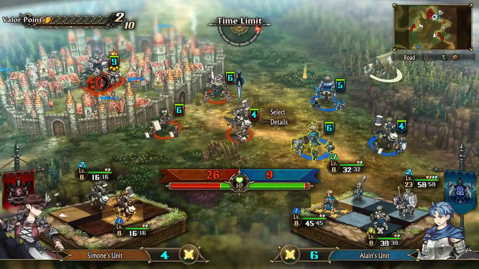 Fantasy strategy game battle scene with units and HUD.