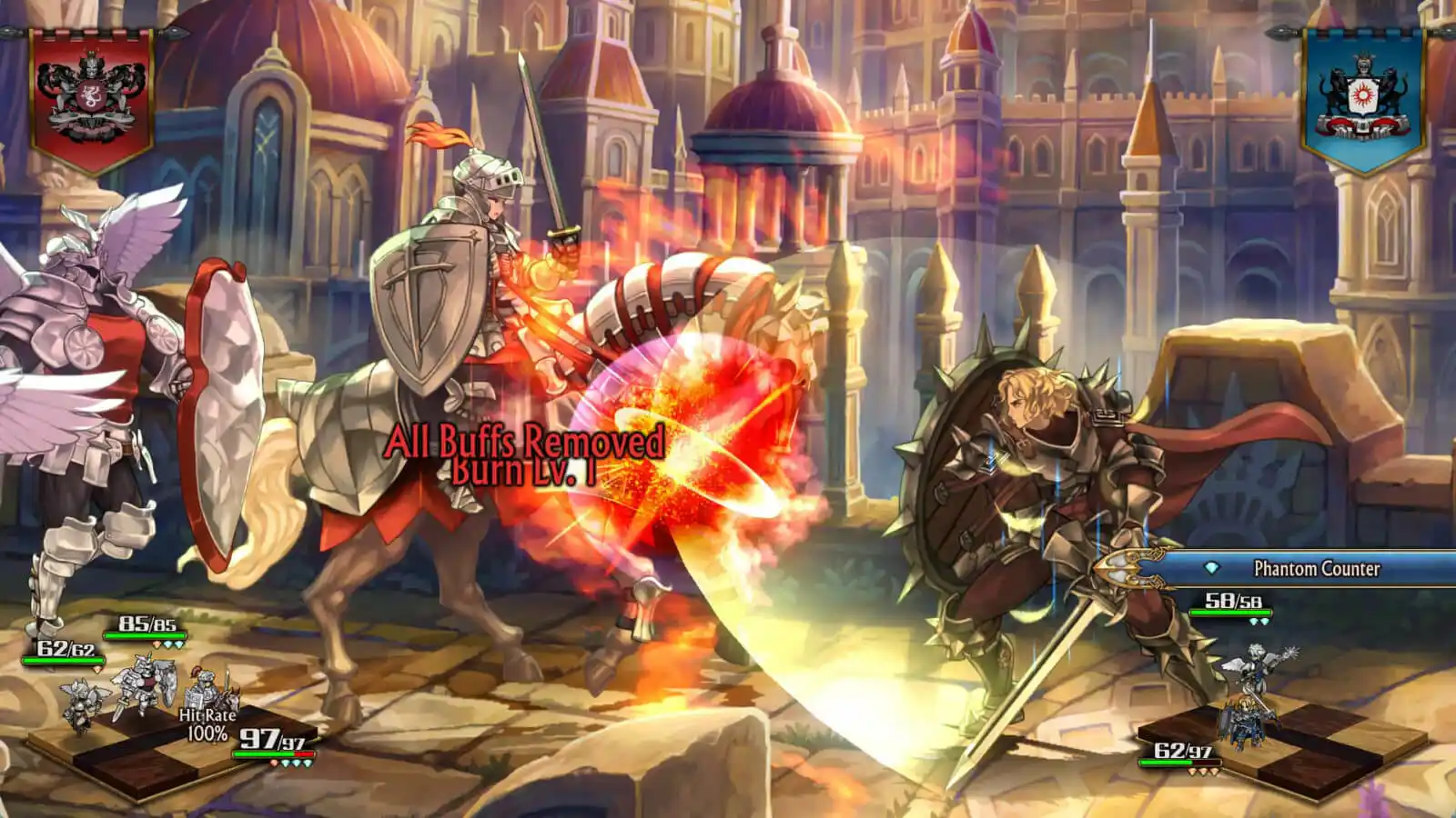 Fantasy knights battle in game with fiery explosion effect.