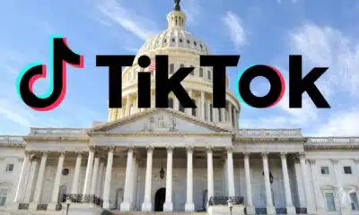 Logo of TikTok superimposed on the United States Capitol Building under a clear blue sky.