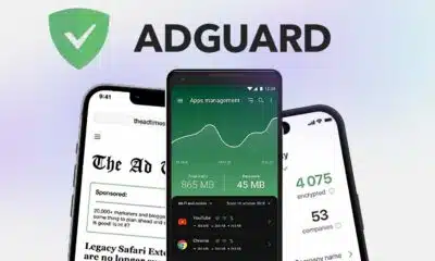 Promotional image for AdGuard showing a large logo at the top with three smartphones displaying AdGuard's features such as ad blocking, apps management, and data encryption.