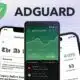 Promotional image for AdGuard showing a large logo at the top with three smartphones displaying AdGuard's features such as ad blocking, apps management, and data encryption.
