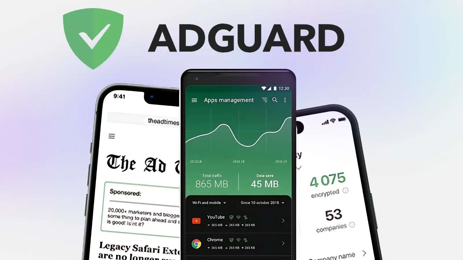 Promotional image for AdGuard showing a large logo at the top with three smartphones displaying AdGuard's features such as ad blocking, apps management, and data encryption.