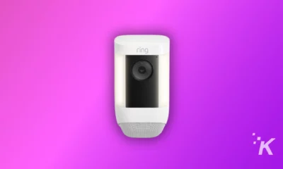 Ring Video Doorbell black and white color on the purple background