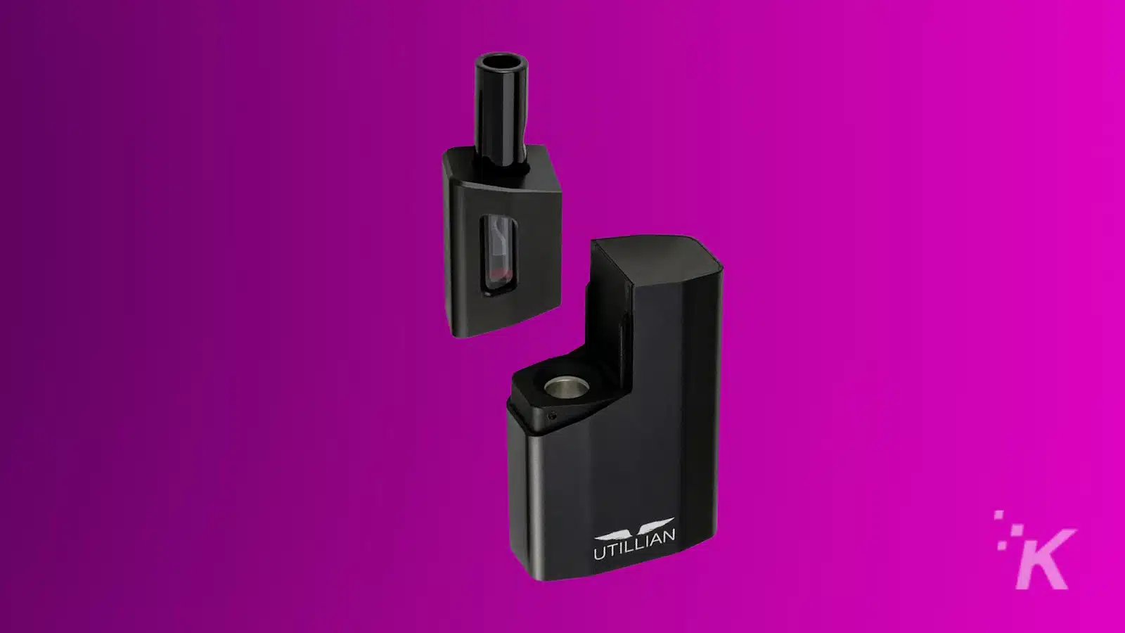 Black portable vaporizer on purple background.