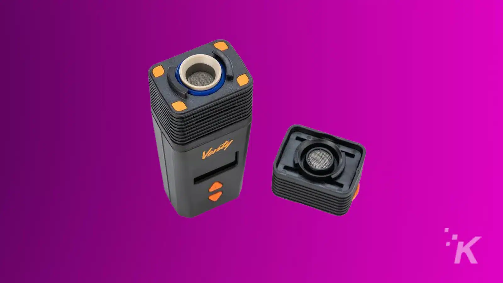 Black portable speaker with detachable subwoofer on purple background.