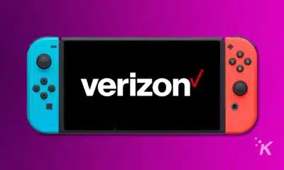 Nintendo Switch with Verizon logo on screen.