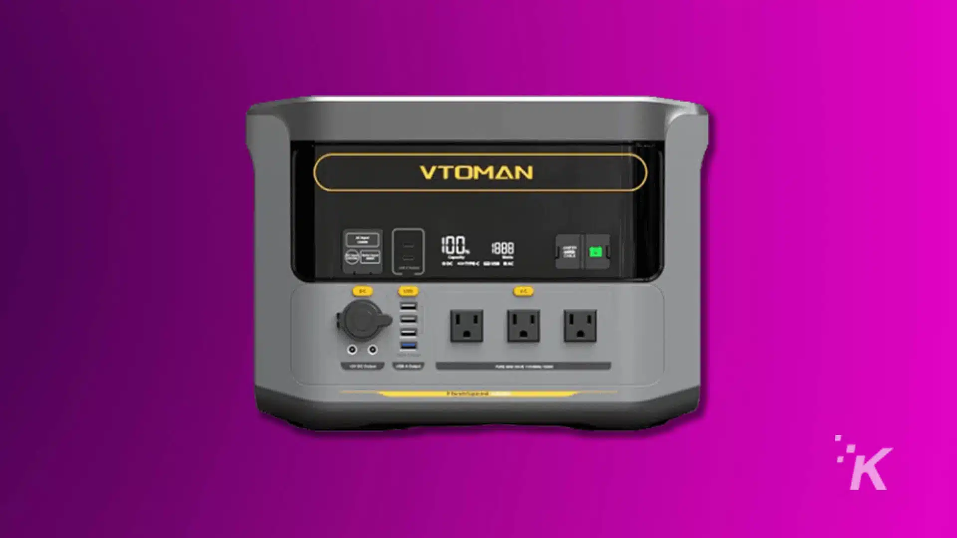 VTOMAN portable power station on purple background.