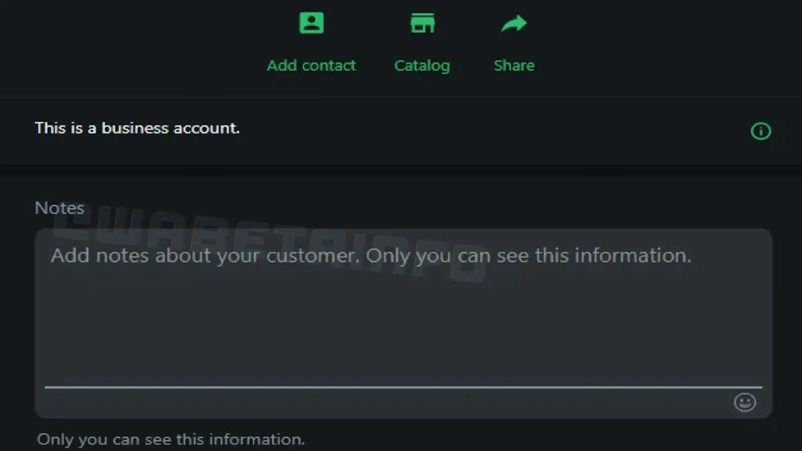 Chat interface showing business account with notes feature.