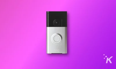 Ring Doorbell flashing white light on the purple background