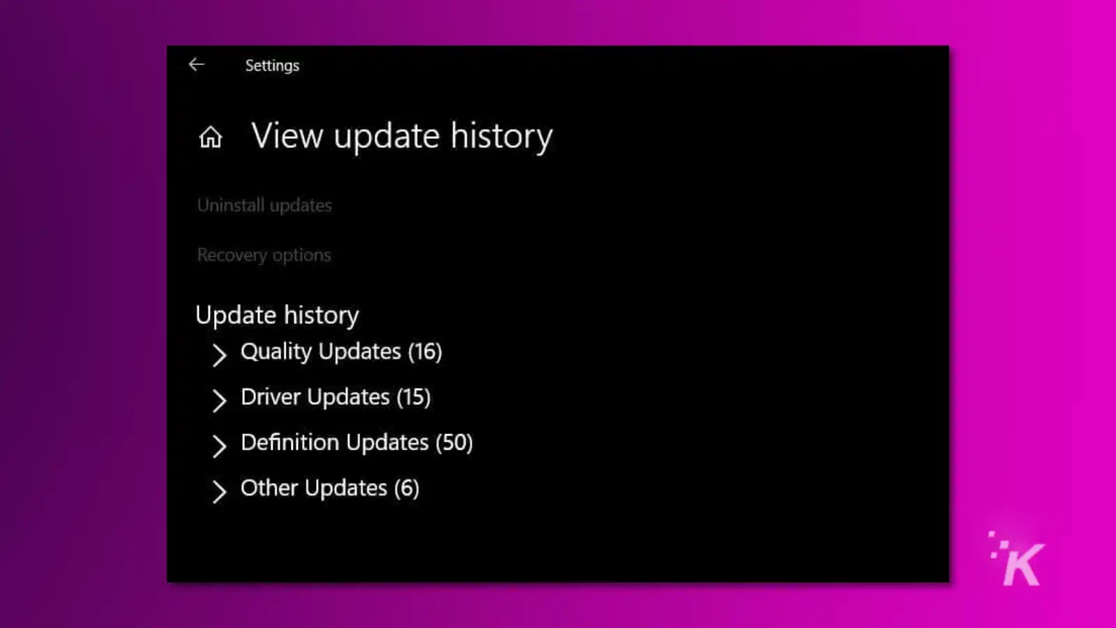screenshot of windows 10 settings menu showing windows update history