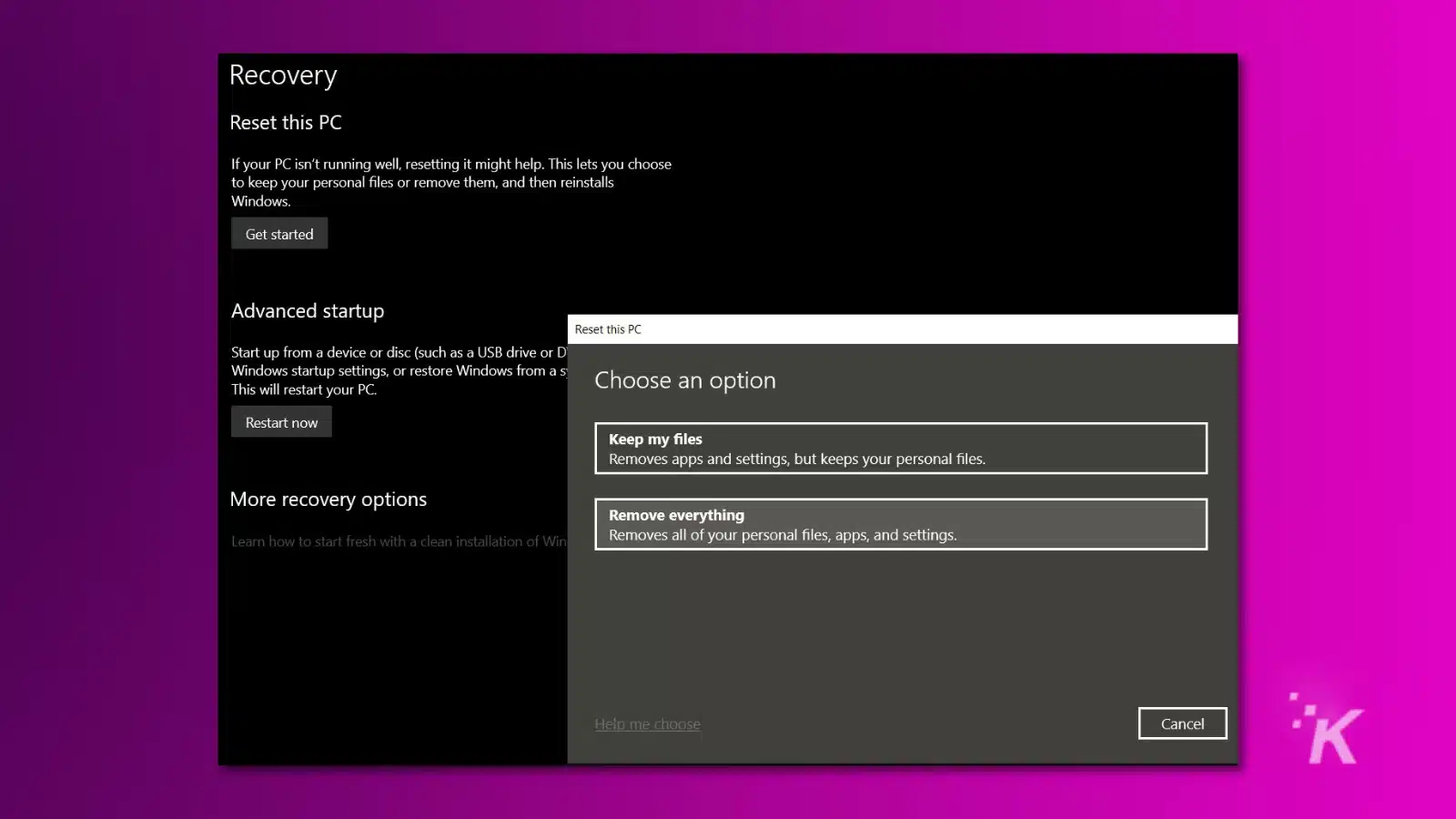 screenshot of windows 11 recovery option for reset this pc