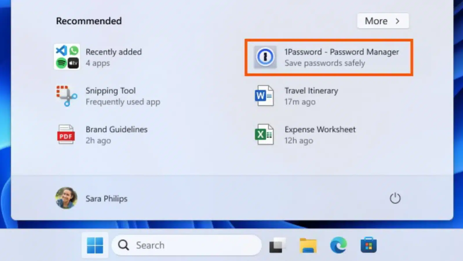 screenshot of windows 11 start menu with an advert for 1Password highlighted