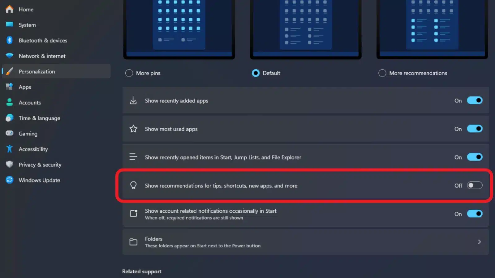 screenshot of windows 11 settings app showing the "show recommendations for tips, shortcuts, new apps, and more" option turned off