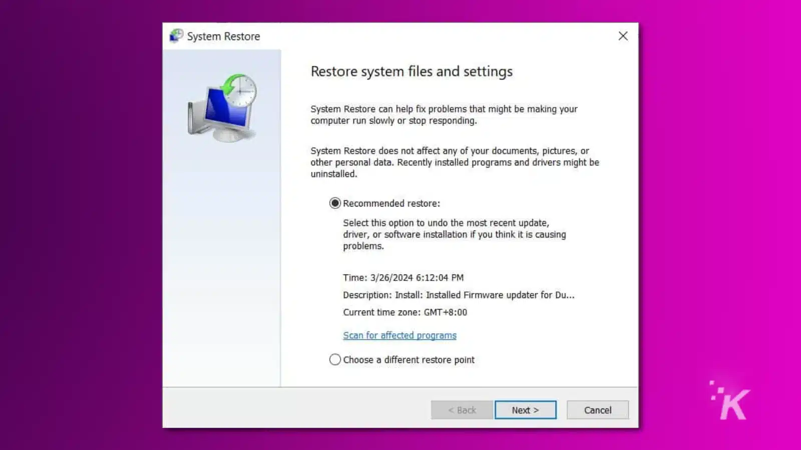 screenshot of windows system restore menu