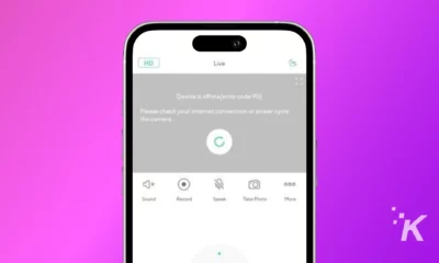 A smartphone displaying an error message on a camera app against a purple background. It indicates the device is offline and suggests checking the internet connection.